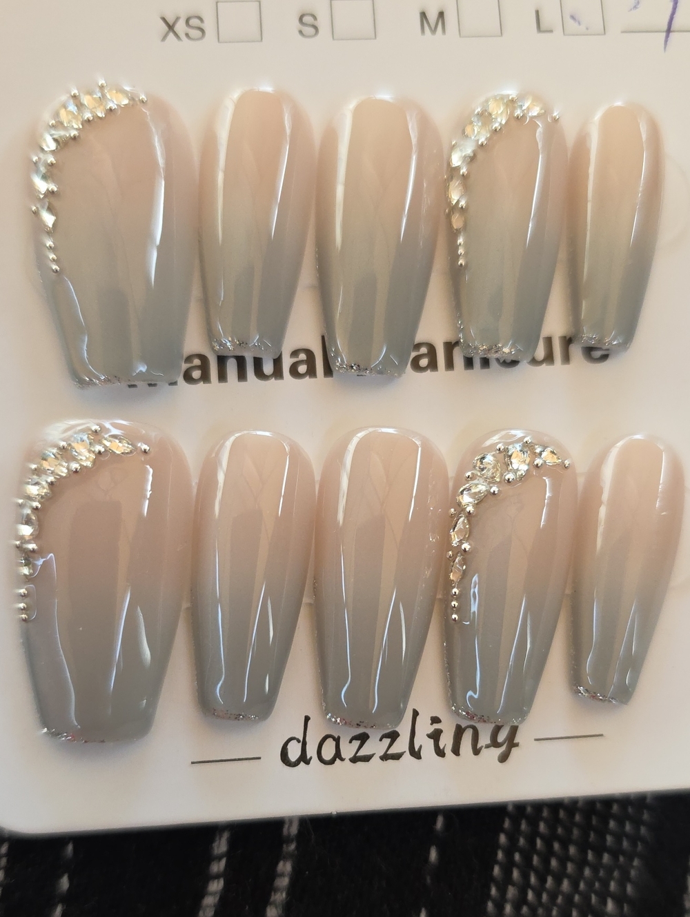 Neutral Ombre Press-On Nails with Rhinestone Accent - Nude Gray Size Large